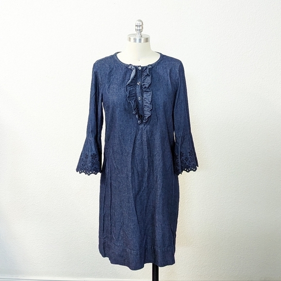 Draper James Chambray Shift Dress Blue 8 ruffle bell sleeves preppy summer - Picture 1 of 7